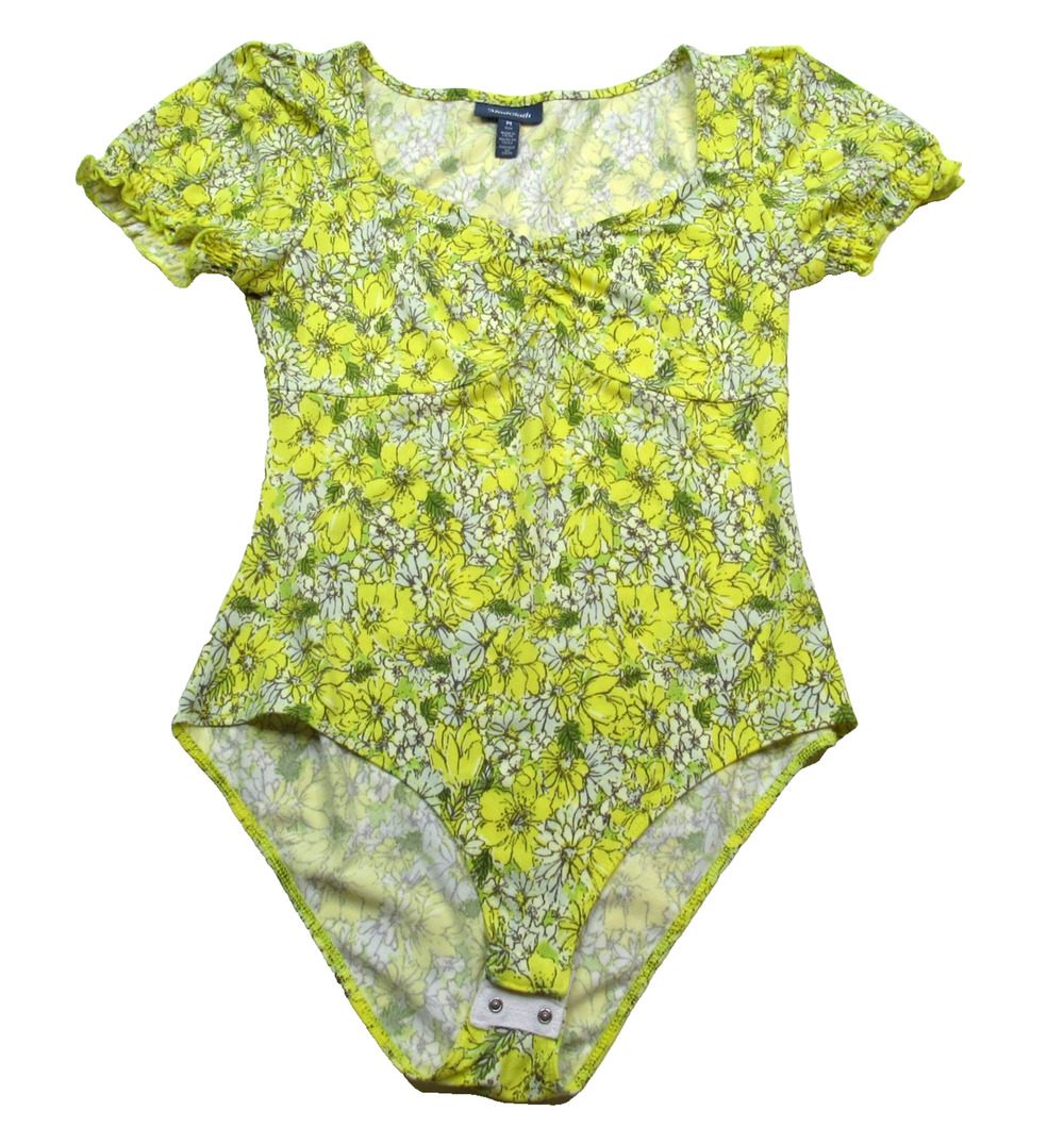 ModCloth Such a Sweetheart Floral Bodysuit Size Medium Yellow Puff Sleeve Daisy